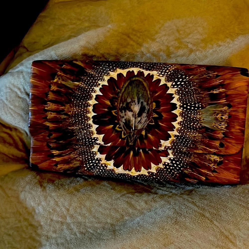 Very unique clutch bag made with real feathers ; one of a kind